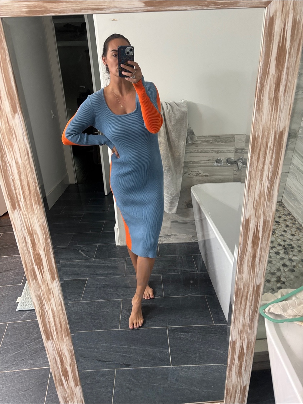 FRNCH Blue Knit Midi Dress with Orange Accents